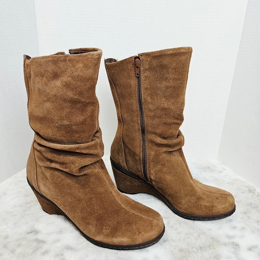 Boho Brown Suede Slouchy Wedge Mid Calf Boots 8.5M Fall Neutral Capsule Western